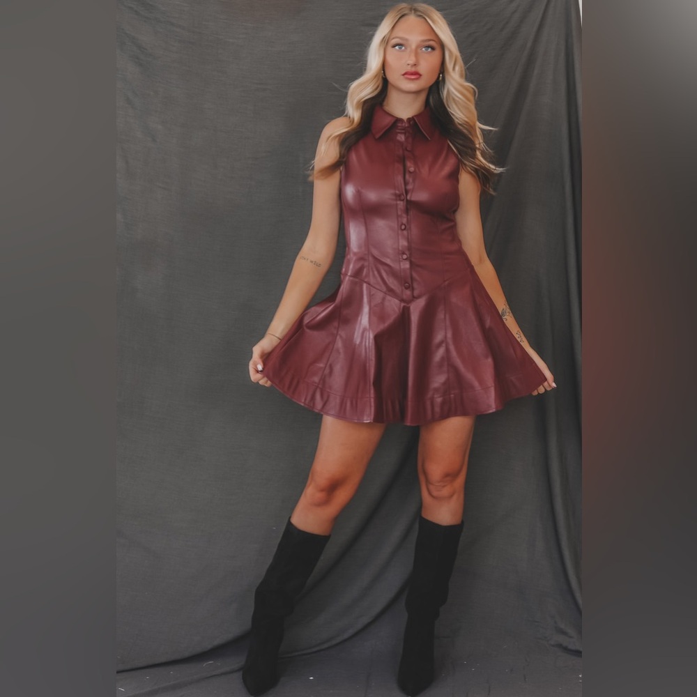 New With Tags Mustard Seed Sleeveless Faux Leather Mini Dress in Burgundy Size S